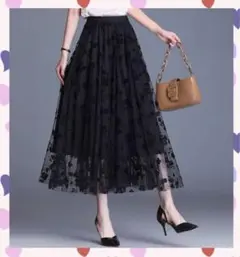 チュールスカート　ウエストゴム　春夏　花柄　Aライン　体型カバー　清楚