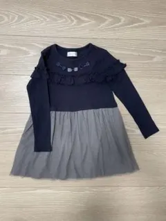 長袖　ワンピース チュールスカート リボン ネイビー グレー 女の子　120