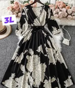 ウエストリボン付 フローラル ロングワンピース 七分袖 ホワイト×ブラック3L