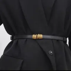レディース　ベルト　細ベルト　ウエストマーク　ゴールドバックル　黒