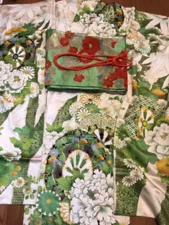 振袖 緑　花柄　着物　帯　セット　成人式　前撮り