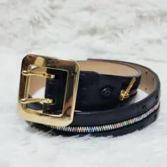 【希少】ジュンメン デザインベルト 黒 レザー マルチカラー ゴールド金具