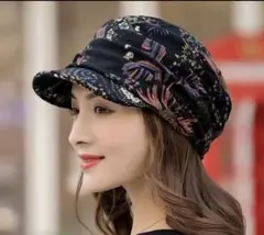 【ほぼ未使用】花柄キャスケット 黒系 ニット素材 伸縮性◎