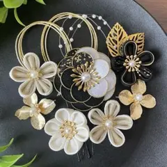 つまみ細工 髪飾り 成人式 卒業式 前撮り 振袖髪飾り 白黒 【336】