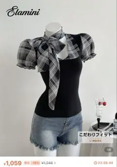【未使用】shein パフスリーブ チェック柄リボン Tシャツ