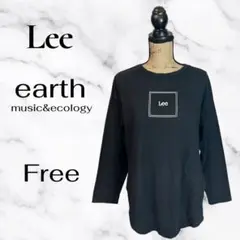 【Lee×earth】ロゴ刺繍ロング丈カットソー　スリット　薄手　ブラック　F
