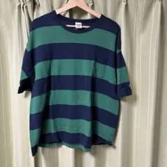ストライプデザイン Tシャツ VOTE刺繍 ・ボーダーT サイズM・緑