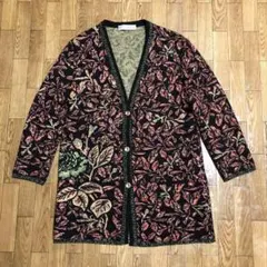 90s フランス製 ニット ロング カーディガン 総柄 茶色 花柄 40