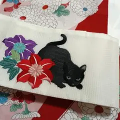 ふりふ　黒ネコとクレマチスの刺繍　半幅帯のサムネイル
