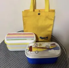 ミスタードーナツ 飛行機柄青&ECCジュニア2段式弁箱2個セット＆黄色いバッグ