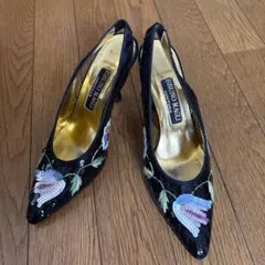 ブルーノマリ花柄スパンコール刺繍ハイヒールサンダル／ブラックのサムネイル