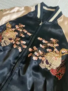 美品 佐藤正 総刺繍 リバーシブル スカジャン ドクロ琵琶法師 サテン M