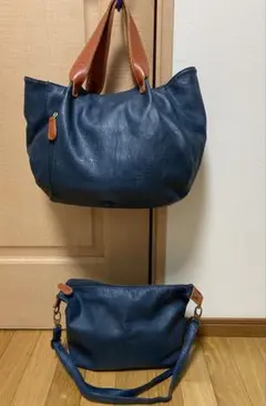 青いレザーショルダーバッグ セカンドバッグ付き