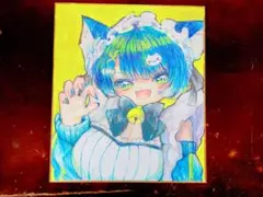 手描き イラスト 萌え絵 アナログ 原画 色紙猫耳 女の子 一点物 オリジナル
