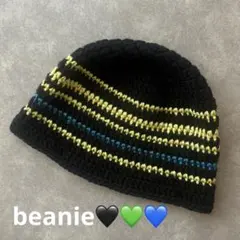 ビーニー　クラッシャーハット　クロシェハット　ハンドメイド　黒×黄緑×青