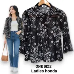 レディースホンダ 桜柄 シアーシャツ ブラウス 黒 韓国製 透け感 シアー