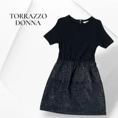 美品 トラッツォドンナ 異素材ドッキングワンピース 半袖 黒 ツイード ウール混のサムネイル
