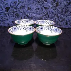 [S40年代コレクション]緑色花柄湯飲み4個セット