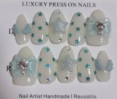 ネイルチップ 平成女児 y2k リボン 星 羽 ミントブルー ウィッシュコア