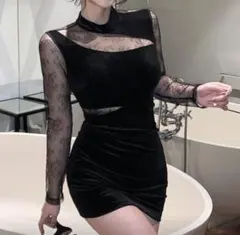 ブラックベルベットレースタイトドレス