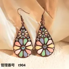 ステンドグラス風 フラワーデザイン ピアス ドロップ型 パステルカラー