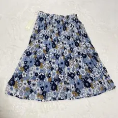 Arte Soie 花柄プリーツスカート ウエストゴム 総柄 フラワー ブルー系