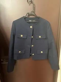 ZARA ザラ フラップクロップドジャケット ノーカラー 金ボタン 紺色