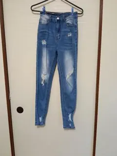 レディース ダメージスキニーデニムパンツ ブルー系　XSのサムネイル