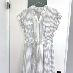 夏物先取り値引き！ホワイトストライプ シャツワンピース 半袖