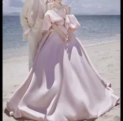 ピンク オフショルダー サテン ウエディングドレス カラードレス 前撮り 結婚式