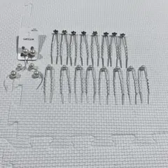 latticeシルバー パール付きヘアピン 16本セット、イヤリング2個