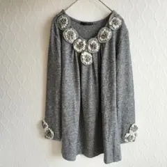 ✨レディース✨長袖ニットセーター ロング花モチーフ【M-L】グレー トップス