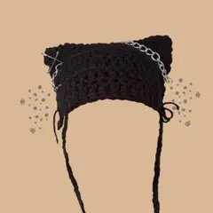 チェーン ハンドメイド 猫耳ニット帽 ビーニー ふわふわ オールブラック y2k