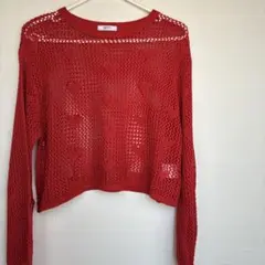 美品⭐︎レッド ハート柄 透かし編み 長袖ニット