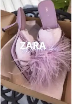 【新品】ZARA フェザー ラインストーン ミュール パープル　38のサムネイル