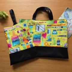 ハンドメイド　レッスンバック　シューズケース　文房具　ライムグリーン