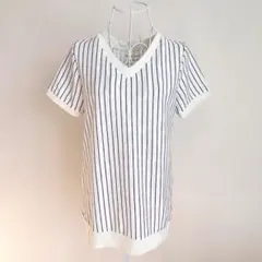 ストライプ Vネック 半袖ニットTシャツ　レディース　M トップス　白　ホワイト