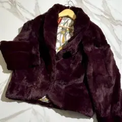 美品✨ カラーラビット クロップドショートコート ボルドー系 裏地総柄 サイズL