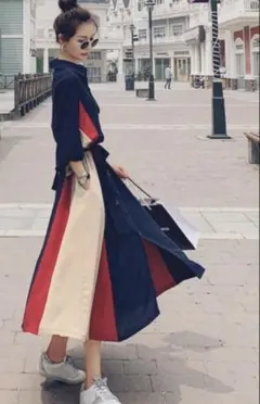 秋　ロングシャツ　ワンピース　トレンチスタイル　ネイビー　レッド　ベージュ　Ｍ