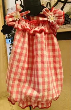 ハンドメイド犬服 ピンク ギンガムチェック フリルリボンワンピース