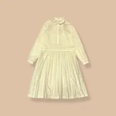 ビンテージ丸襟シアーシャツワンピースプリーツスカート長袖イエロー昭和レトロ古着M