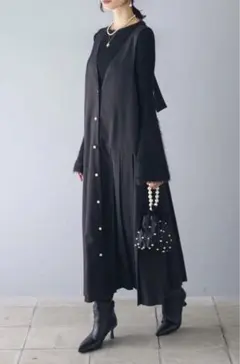 Freneフェザー切替スリーブニット +パールボタン付きアシメプリーツジャンスカ