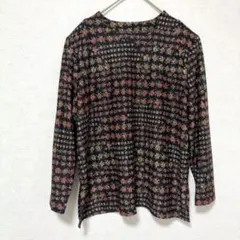 長袖トップス カットソー ブラウン 花柄 薄手 Uネック 肩パット