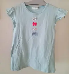 美品120半袖カットソー水色スラップスリップピンクリボンフリル半袖Tシャツ白べべ
