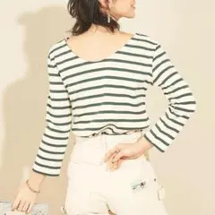 beauty&youth ストライプ ボートネック 8分袖Tシャツ