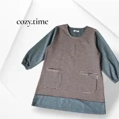 cozy.time ボーダー柄 長袖切替チュニック 裏起毛 丸首 秋冬 M-L
