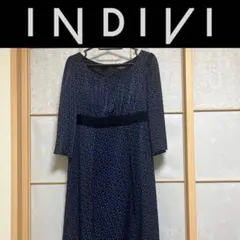 【美品】INDIVI ネイビー 七部袖ワンピース M