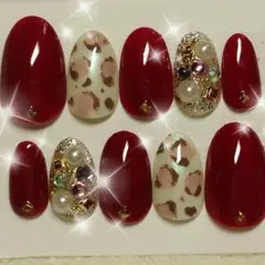 Sサイズショートオーバル♡ボルドー×ヒョウ柄