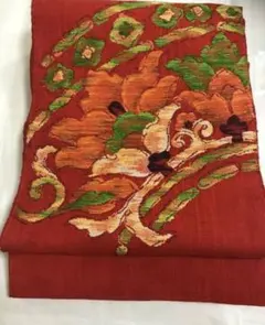 赤い花柄刺繍 名古屋帯