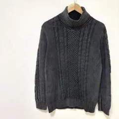 ケーブル編みタートルネックニット　プルセーター　M　ブラック褪せ色　綿100%